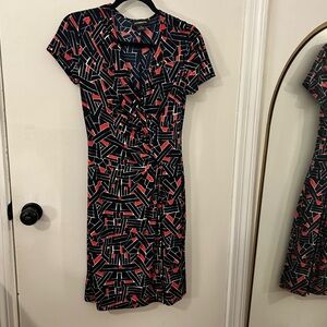 NWT Liz Claiborne Women’s Faux Wrap Dress Sz 4 Navy Coral Abstract Print New